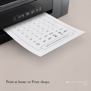 May include: A printable kitchen conversion chart with measurements for cups, grams, tablespoons, teaspoons, and milliliters. The chart is printed on a white sheet of paper and is being printed from a black printer.