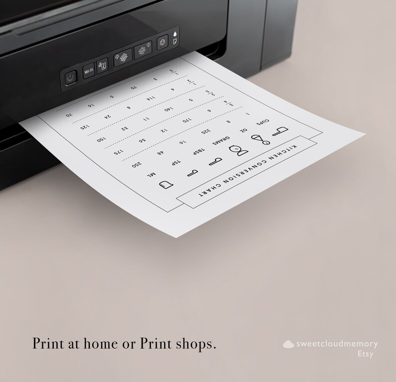 May include: A printable kitchen conversion chart with measurements for cups, grams, tablespoons, teaspoons, and milliliters. The chart is printed on a white sheet of paper and is being printed from a black printer.