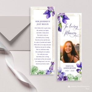 Modèle de marque-page funéraire Purple Pansie Marque-page or et violet Célébration de la vie Marque-page Souvenir funéraire Cartes Memorial Violet Pansie