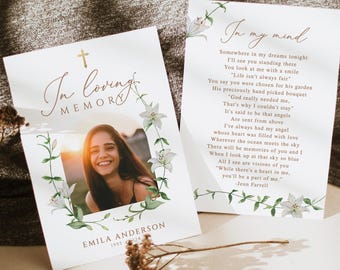 White Lily butterfly Funeral Photo Prayer card Gold cross White floral Funeral bookmark Prayer card Memorial Card Celebration of Life
