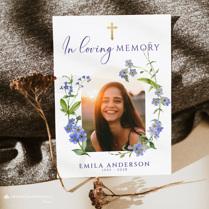 Me Nots Flower Funeral Photo Prayer Card Gold Cross Etsy