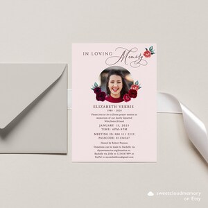 Fard à joues Rose Photo célébration de la vie E-inviter Funérailles invitation numérique Rose rouge floral Dans la mémoire aimante photo invitation imprimable rose