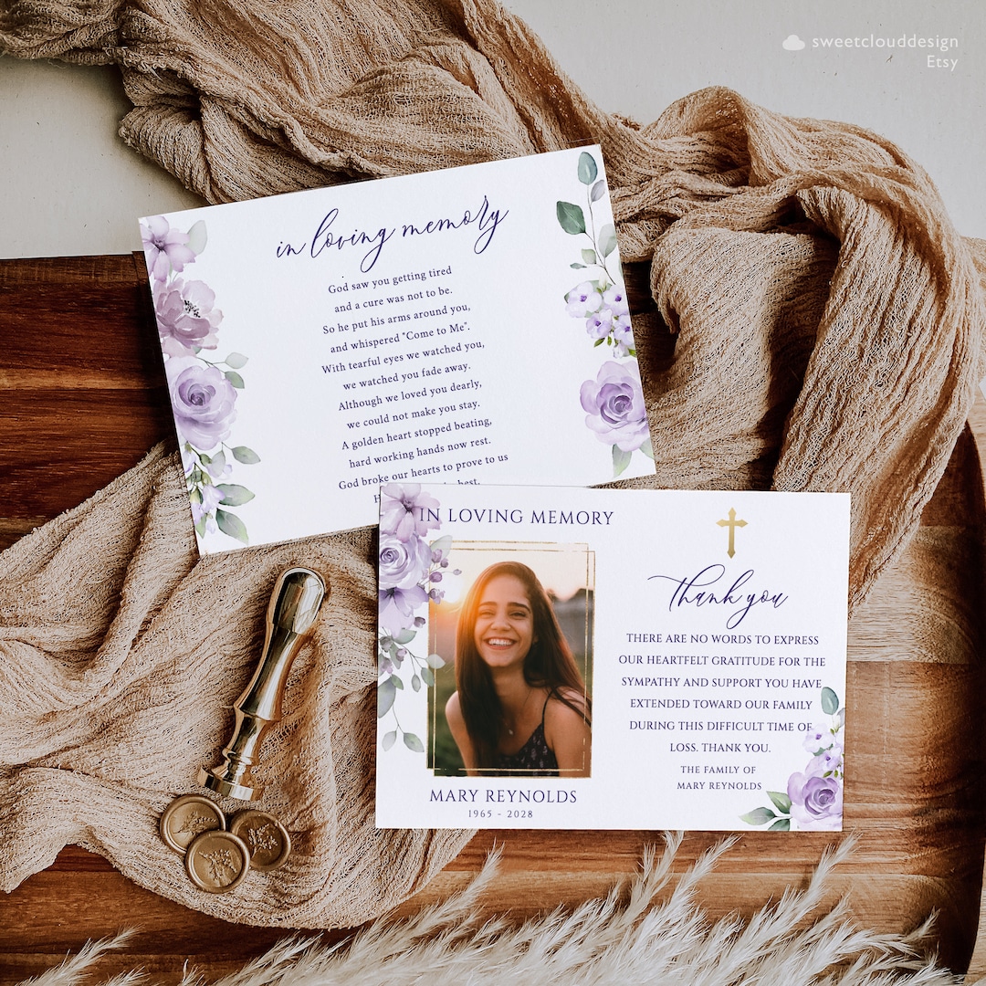 Purple Floral Funeral Photo Thank You Card Gold Cross Purple Rose ...
