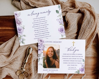 Purple Floral Funeral photo Thank You Card Gold cross Purple Rose Funeral Thank You template dusty purple Photo Editable Memorial Card