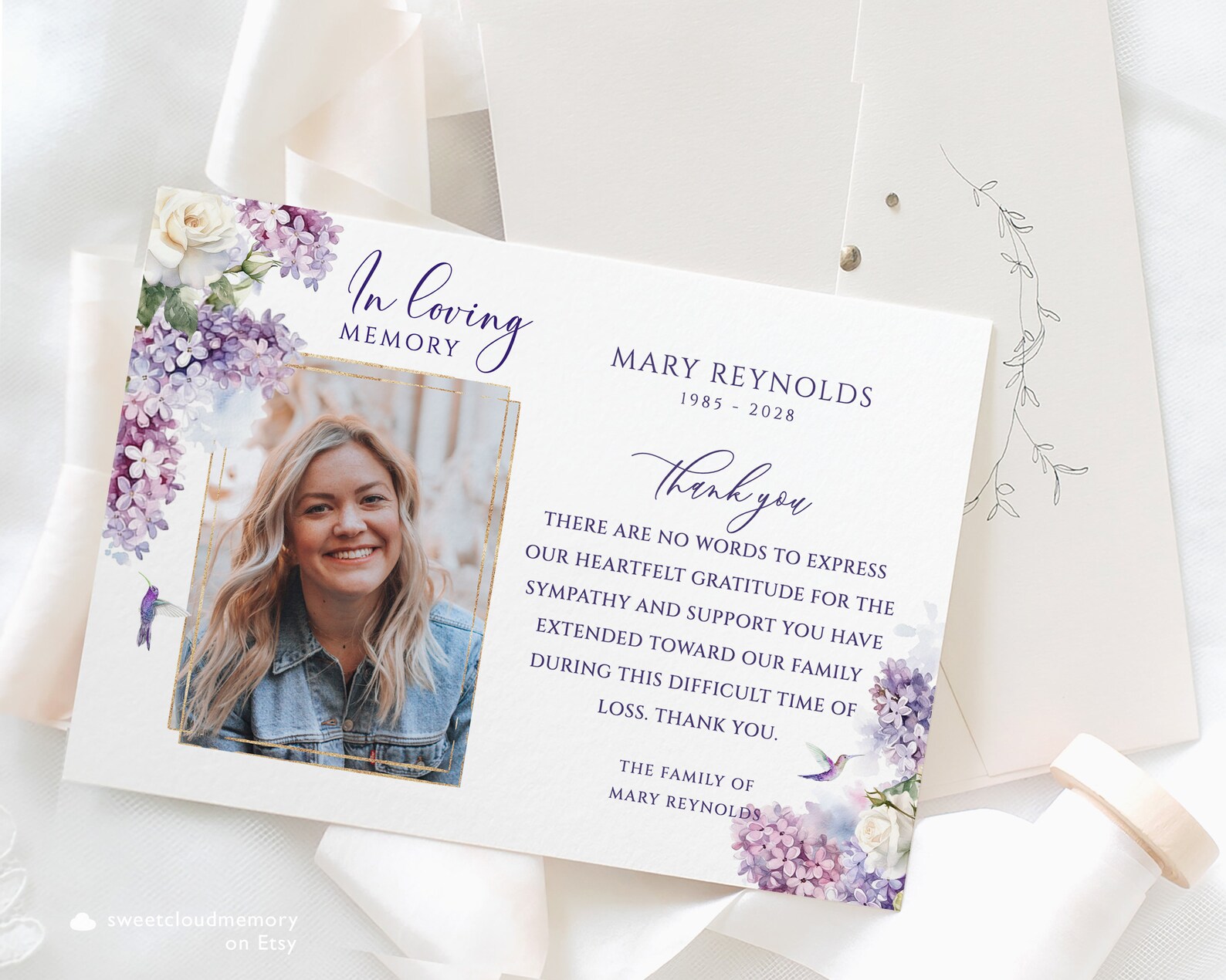 Lilac and White Rose Funeral Photo Thank You Card Purple Floral Bird ...