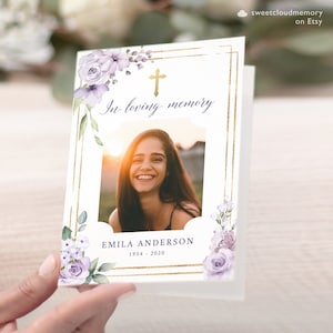 Gold Cross Violet Funeral Program Template Purple Floral Funeral Memorial program Funeral Service In loving Memory Celebration of life Vilma