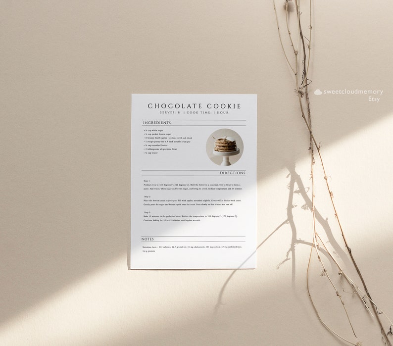 May include: Printable recipe card for chocolate cookies with a photo of a stack of cookies. The recipe card includes ingredients, directions, and notes. The card is printed on white paper with black text.