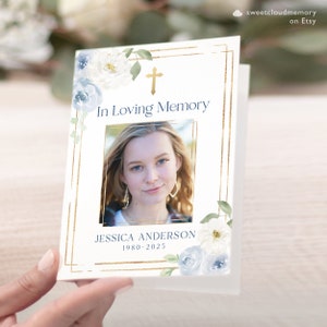 Gold Cross soft blue Funeral Program Template greenery Floral Funeral Memorial program Funeral Service In loving Memory Celebration of life