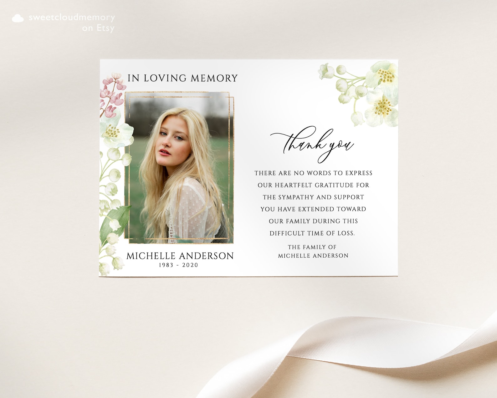 Lily Funeral Thank You Card Template White Flower Funeral - Etsy