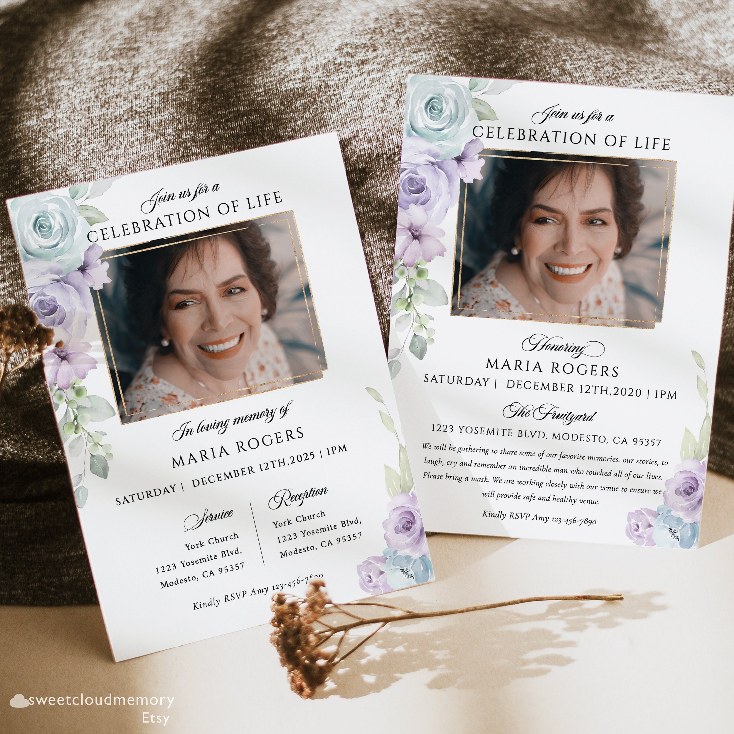 Purple Rose Funeral Invitation Template Blue Rose Photo Celebration of ...