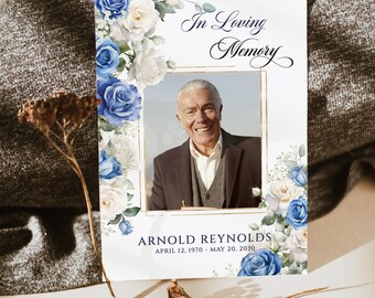 Dusty Blue Funeral Photo Prayer card Editable Blue flower Funeral bookmark Prayer card Memorial Card Celebration of Life memorial Prayer