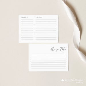 May include: Printable recipe cards with lined sections for ingredients, directions, and recipe notes. The cards are white with black text and lines.