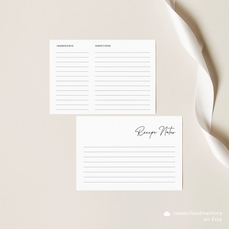 May include: Printable recipe cards with lined sections for ingredients, directions, and recipe notes. The cards are white with black text and lines.