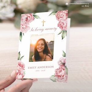 Pink PEONY Funeral Program Template Gold Cross Funeral Memorial program Pink and green Funeral Service In loving Memory Celebration of life