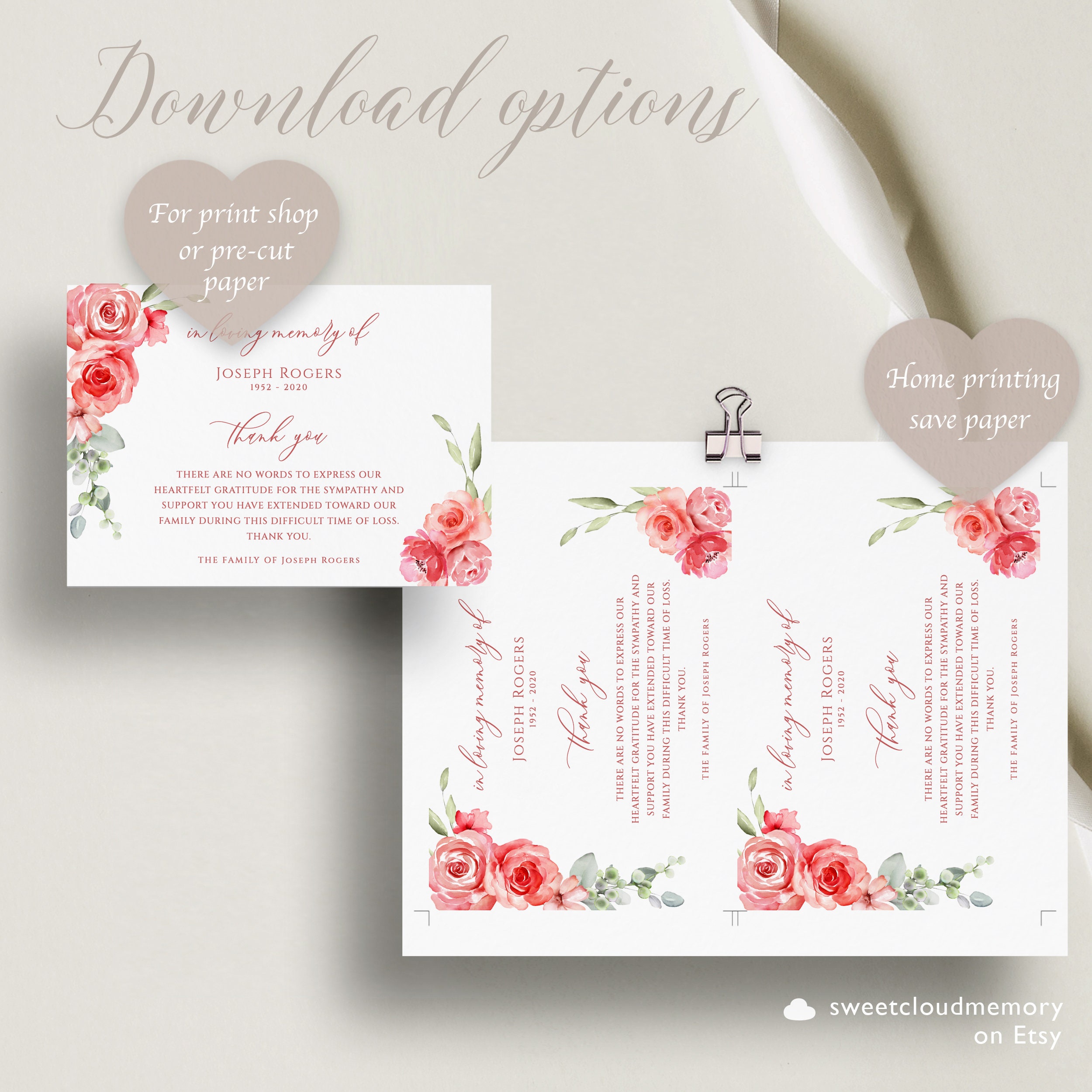 Red Floral Funeral Thank You Card Burgundy Funeral Thank You Red Rose ...