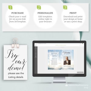 May include: A computer screen displaying a digital template for a funeral program with a blue and white ocean background. The text "Honoring the Life Of" is visible. The program includes a photo of a man in a suit. The text "Try our demo! Please see the Listing details" is visible on a white card.