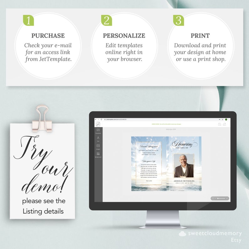 May include: A computer screen displaying a digital template for a funeral program with a blue and white ocean background. The text "Honoring the Life Of" is visible. The program includes a photo of a man in a suit. The text "Try our demo! Please see the Listing details" is visible on a white card.