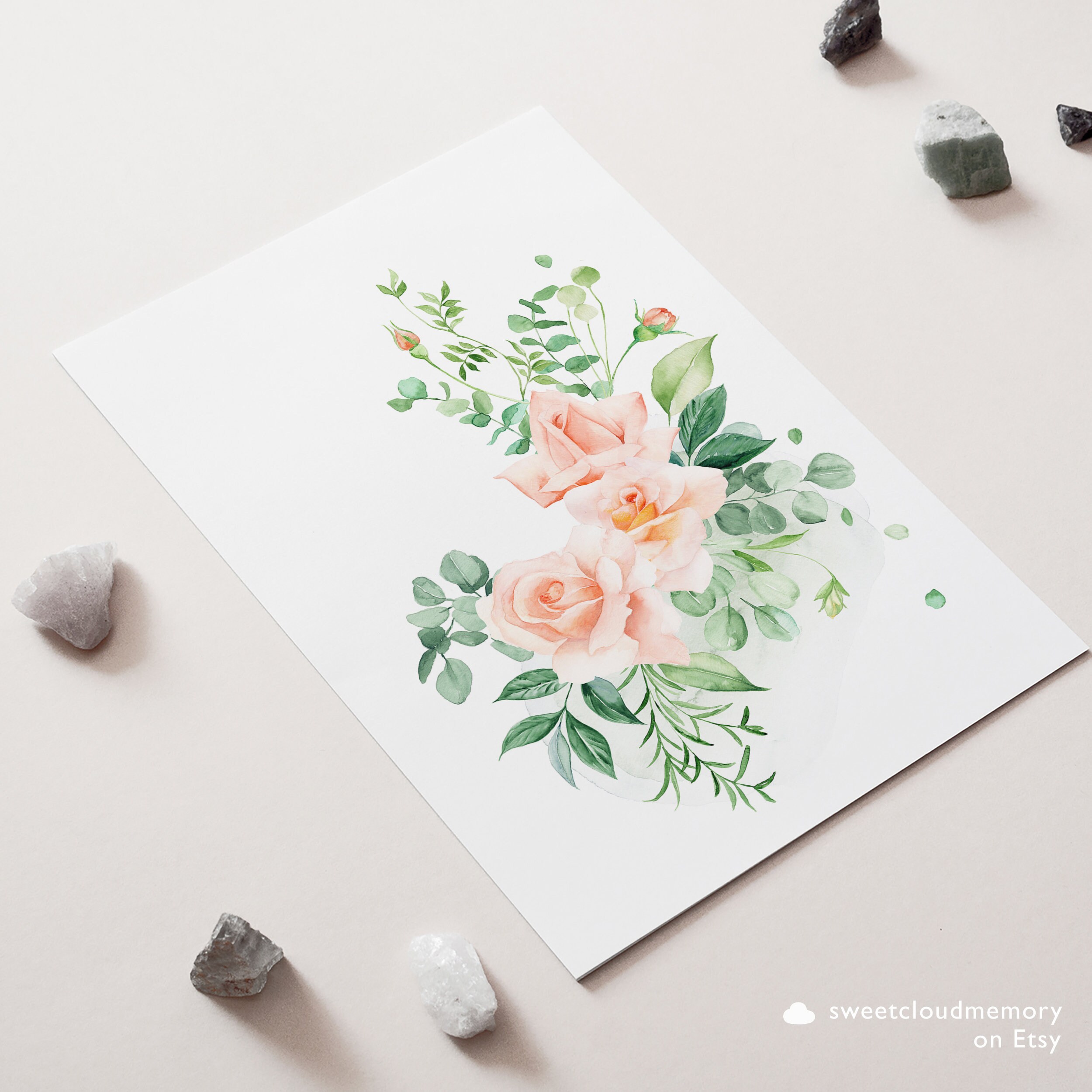 Blush Rose Art Print Pink Rose Wall Art Printable Watercolor Green ...