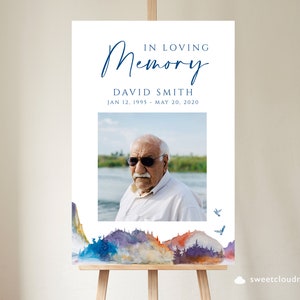 Mountain Funeral Sign Celebrating Life Sign Birds Life Celebration Sign Mountain colourful Memorial Service Poster Men Funeral Grandfather