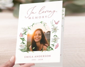White Lily pink butterfly Funeral Program Template white floral Funeral Memorial program blush butterfly Funeral In loving Memory program