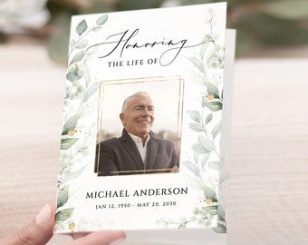 Gold and Greenery Funeral Program Template green leaves Funeral Memorial program Funeral Service In loving Memory Obituary Celebration life