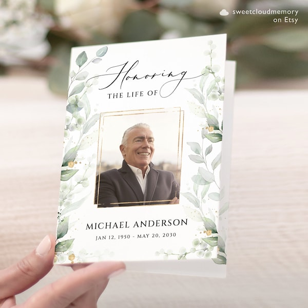 Gold and Greenery Funeral Program Template green leaves Funeral Memorial program Funeral Service In loving Memory Obituary Celebration life