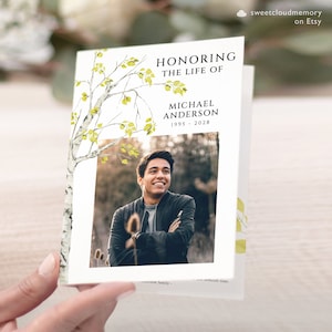 Birch tree Funeral Program Template  Gold and leaves Funeral Memorial program Funeral Service In loving Memory Obituary Celebration life man