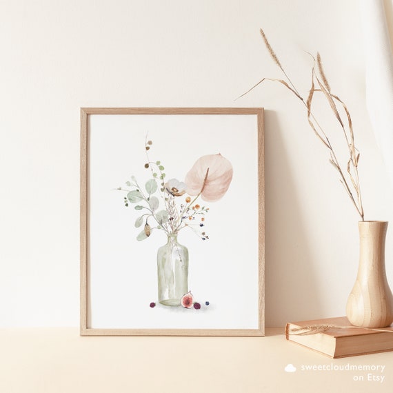 Watercolor Flower vase art print Boho flower vase print Flower Printable wild Floral Wall Art Printable Soft color flower art print 09