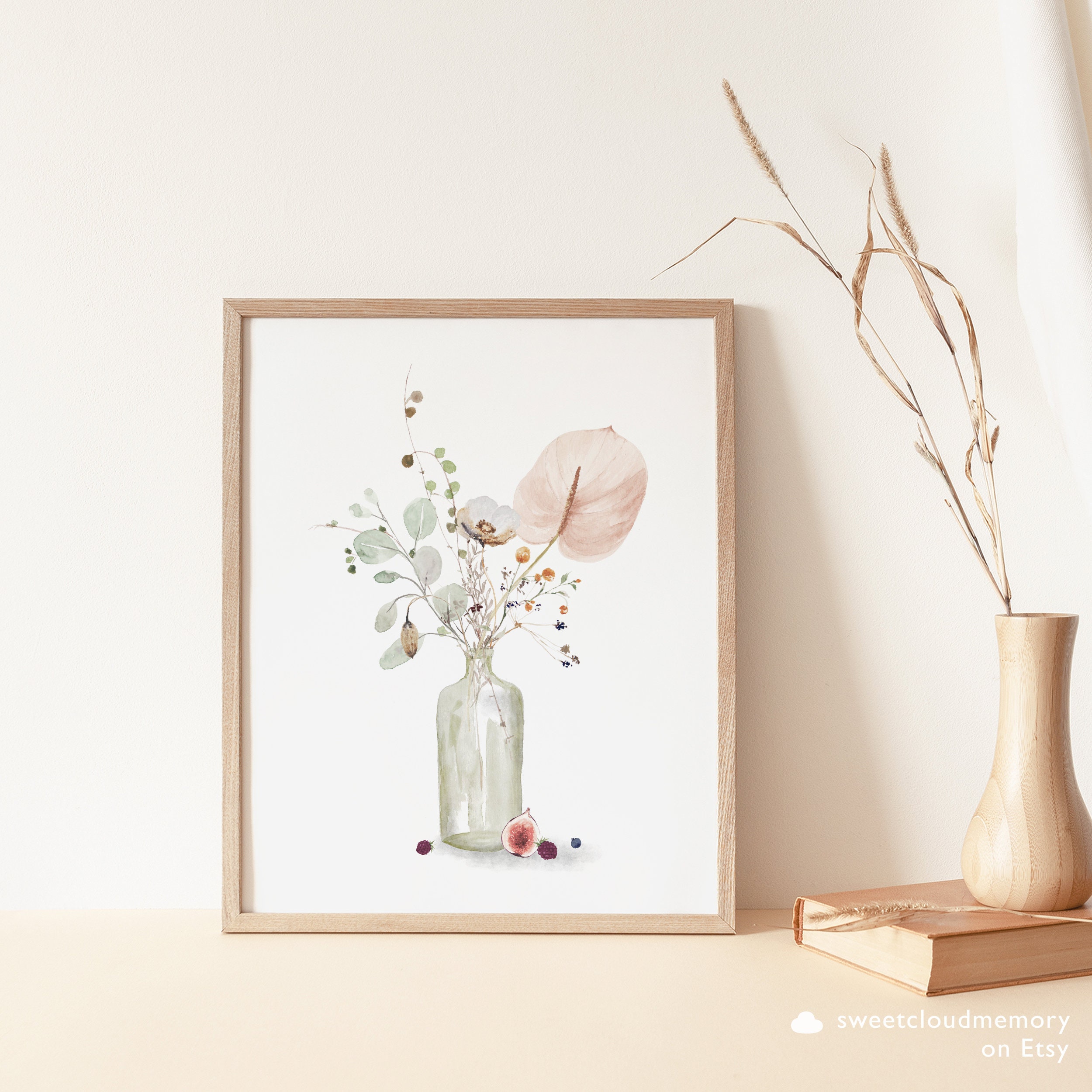 Vaso de flores em aquarela impressão de arte Boho vaso de flores impressão de flores selvagens florais arte de parede imprimível cor suave impressão de arte de flores 09