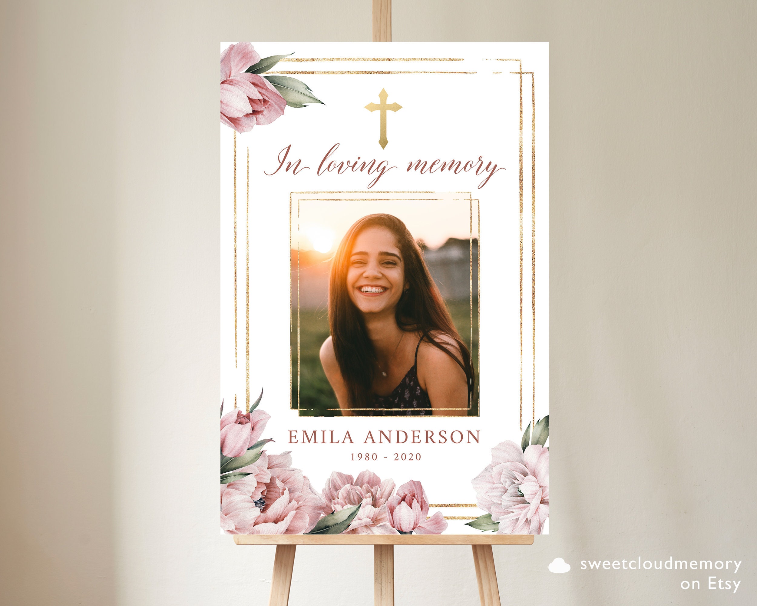 Blush Peony gold cross Celebrating the Life Sign Life Celebration Sign Dusty Pink flower Memorial Service Poster Funeral Sign Rose Funeral