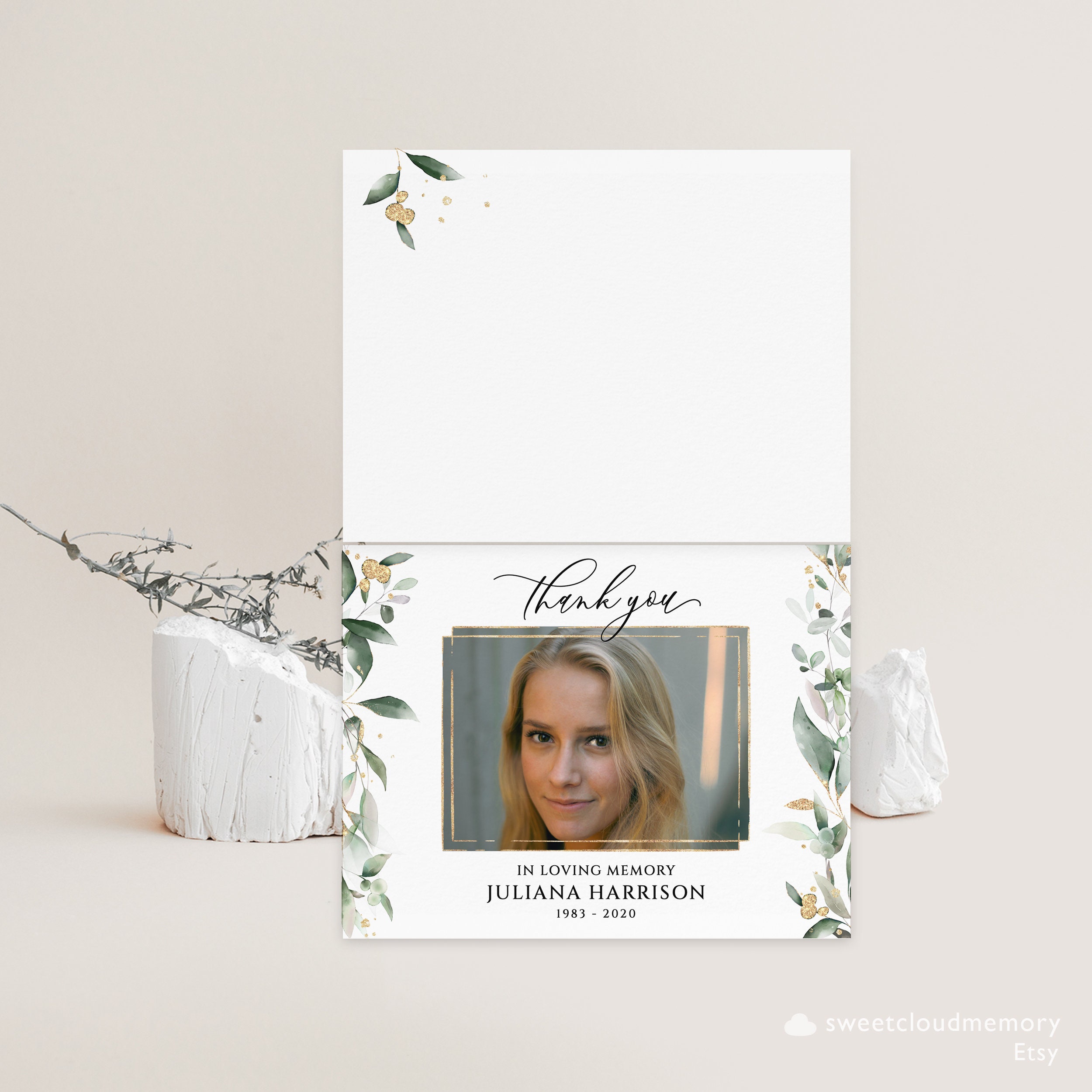 Gold Blush Greenery Funeral Thank You Card Thank You Photo Editable ...