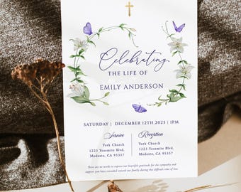 White Lily Purple butterfly Funeral invitation template Gold cross celebration of life invitation White floral Funeral electronic invite