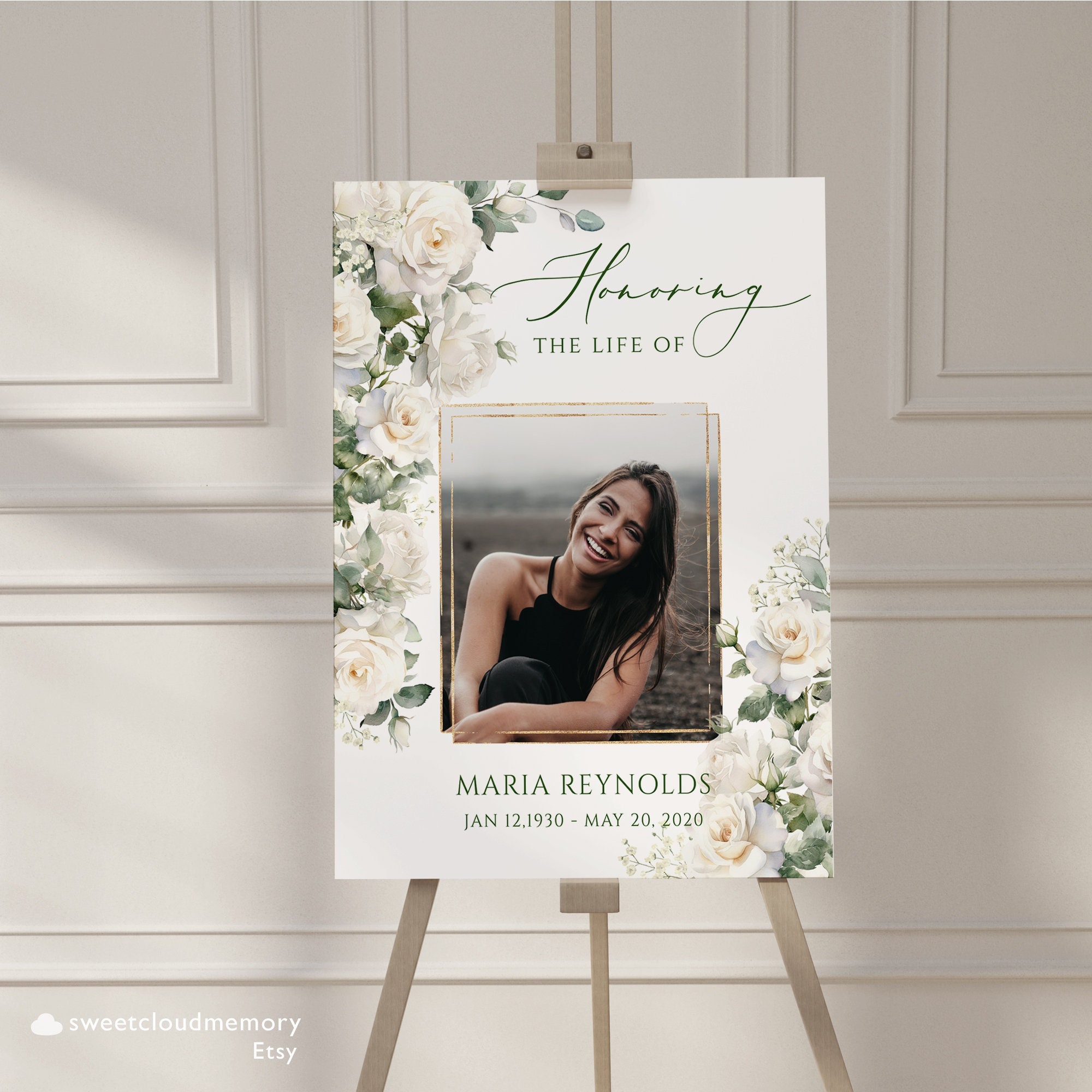 Segno funebre della rosa bianca Poster funebre del respiro del bambino Celebrando il segno della vita Poster del servizio commemorativo del funerale di benvenuto Segno funebre bianco della rosa