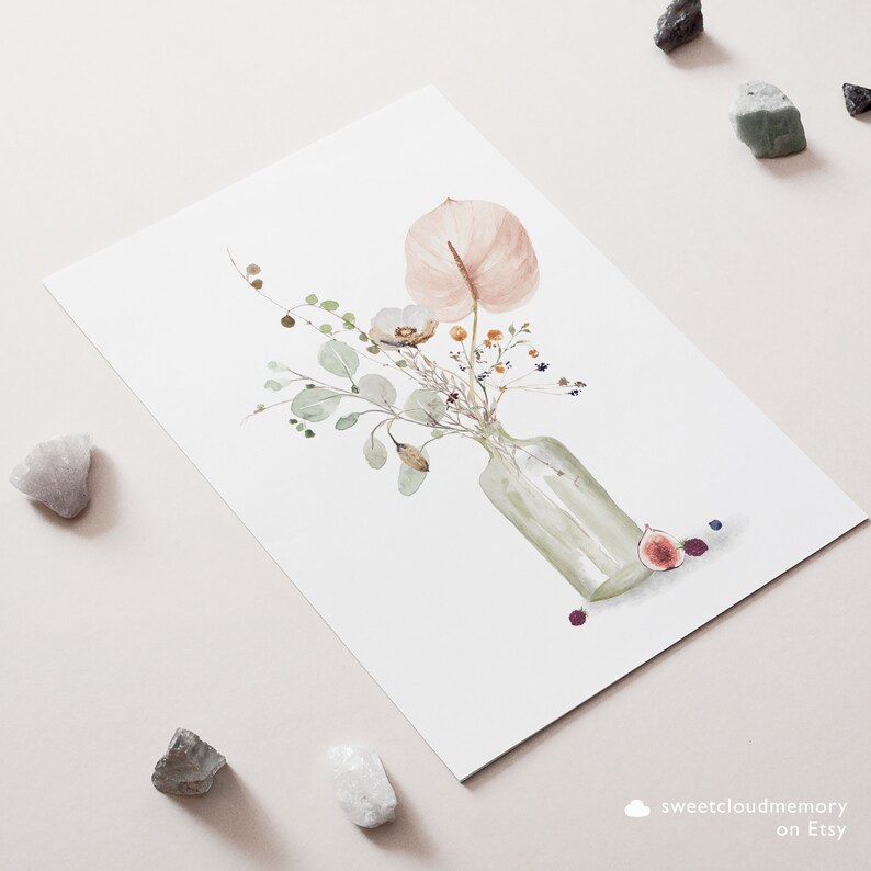 May include: A watercolor painting of a bouquet of flowers in a clear glass vase. The flowers include pink anthurium, white flowers, and green leaves. There are also small figs and berries on the table.