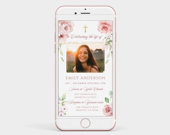 Annuncio funebre elettronico rosa arrossita, invito alla celebrazione della croce d'oro della vita, invito funebre elettronico rosa rosa, invito commemorativo