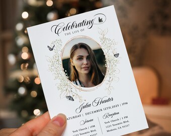 butterfly Funeral invitation template black butterfly gold flower Funeral Celebration of life card gold floral loving Memory Invite print