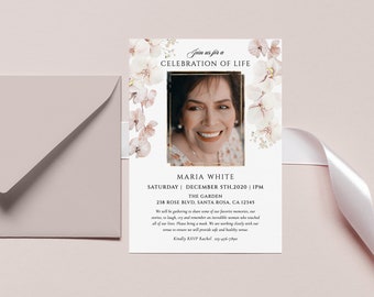 Blush orchid Photo celebration of life Gold frame Funeral digital invitation white orchid In loving memory photo invitation card template