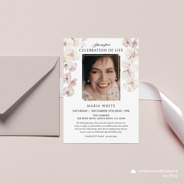 Orchidée blush Photo célébration de la vie Cadre doré Invitation numérique funéraire orchidée blanche Dans la mémoire aimante modèle de carte d'invitation photo