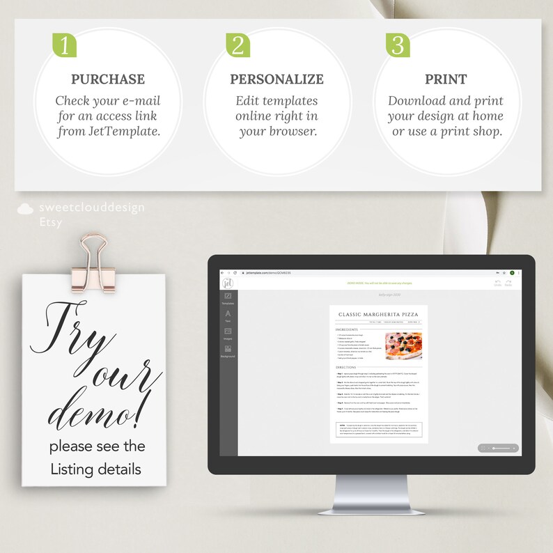 May include: A computer screen displaying a website with a pizza menu. The website is titled "Classic Margherita Pizza". The text "Try our demo! Please see the Listing details" is written on a white card.