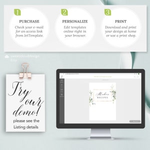 May include: A computer screen displaying a website with a recipe template. The template has a green leafy design and the text "Alisher Recipes" in a gold frame. The text "Try our demo! Please see the Listing details" is on a white card with a gold paperclip.