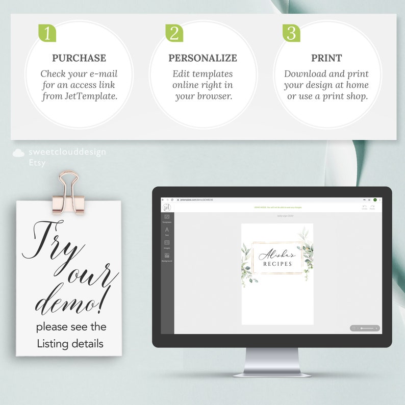 May include: A computer screen displaying a website with a recipe template. The template has a green leafy design and the text "Alisher Recipes" in a gold frame. The text "Try our demo! Please see the Listing details" is on a white card with a gold paperclip.