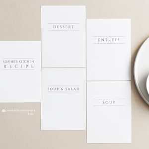 May include: Five white recipe cards with black text. The cards are labeled "Sophie's Kitchen Recipe", "Soup & Salad", "Soup", "Entrees", and "Dessert".