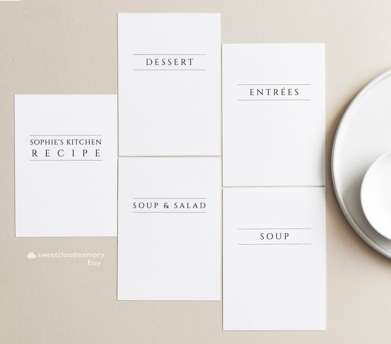 May include: Five white recipe cards with black text. The cards are labeled "Sophie's Kitchen Recipe", "Soup & Salad", "Soup", "Entrees", and "Dessert".