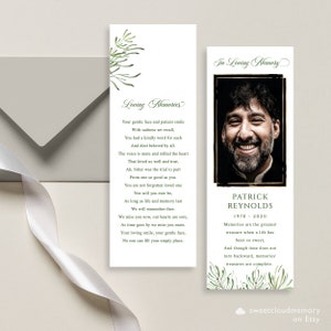 Plantilla de marcador de funeral de Greenery, marcador de celebración de la vida, tarjetas de recuerdo de funeral, tarjeta conmemorativa para el recuerdo, marcador editable