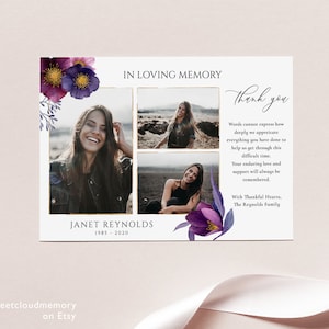 Cartão de agradecimento floral violeta para funeral Foto Funeral Obrigado Foto Editável Cartão memorial roxo para impressão Cartão de agradecimento em memória amorosa