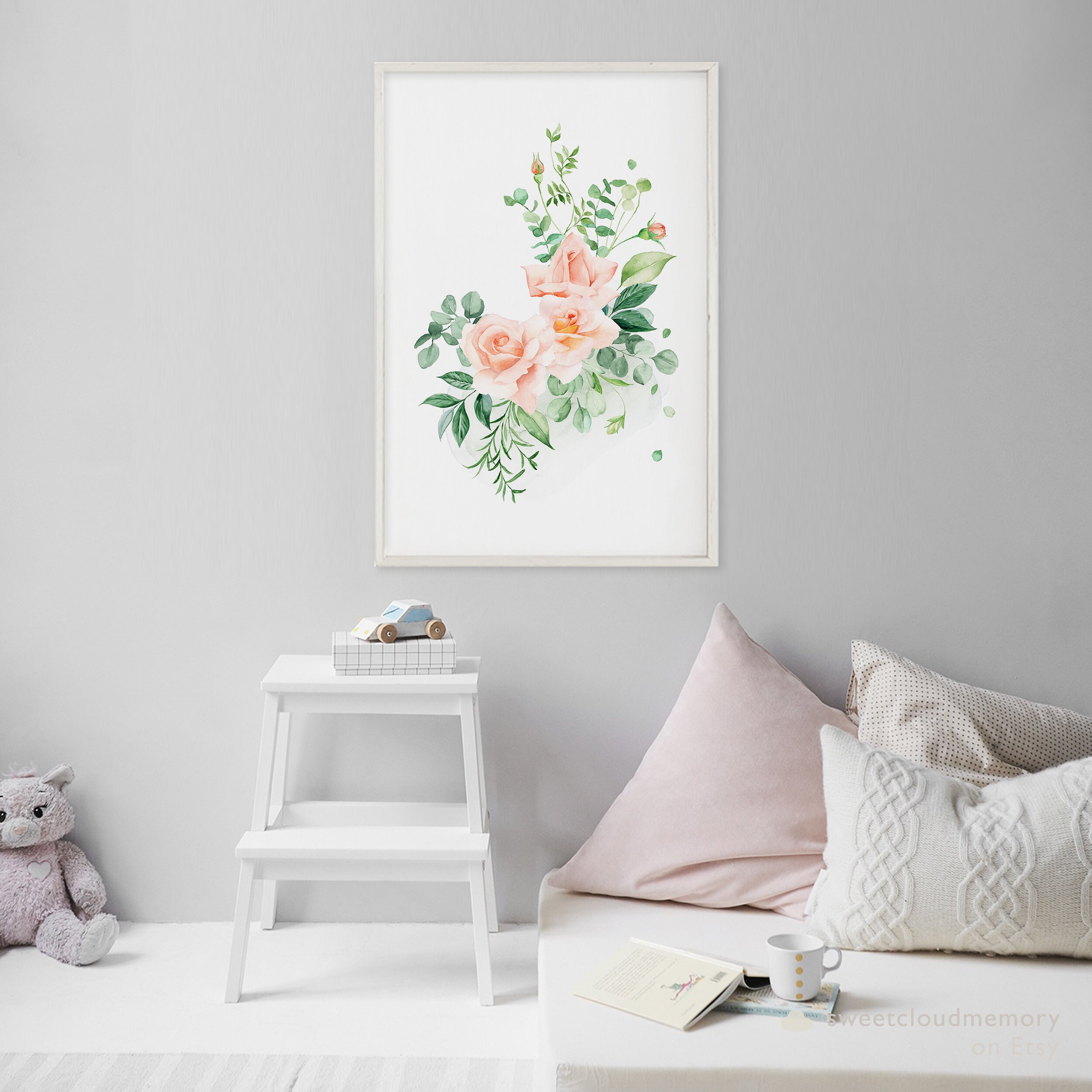 Blush Rose Art Print Pink Rose Wall Art Printable Watercolor Green ...