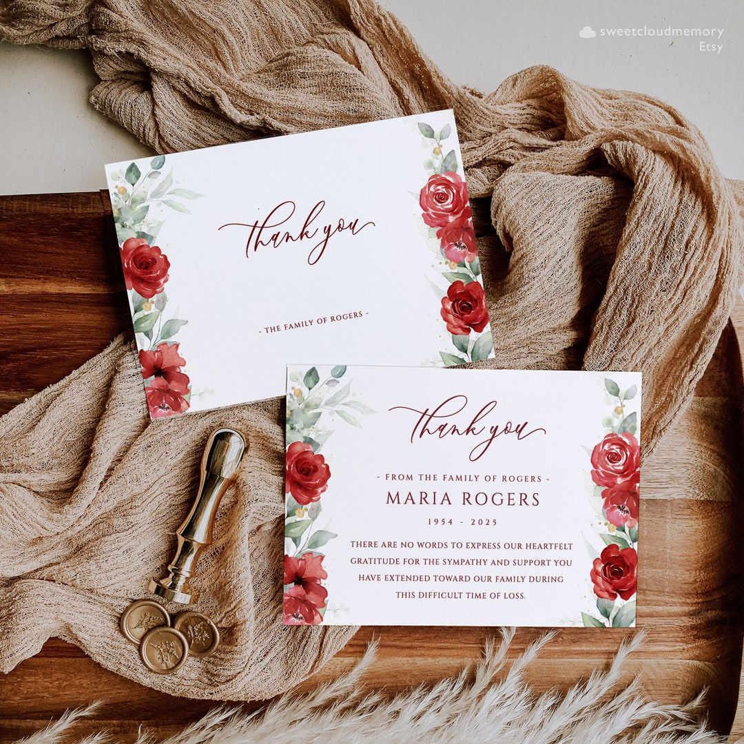 Deep Red Floral Funeral Thank You Card,burgundy Funeral Thank You Card ...