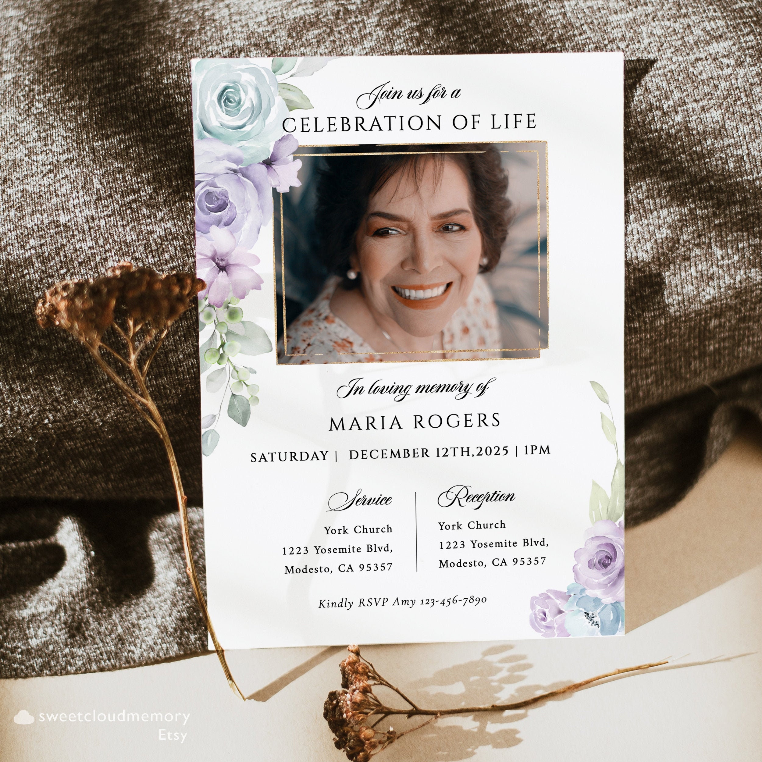 Purple Rose Funeral Invitation Template Blue Rose Photo Celebration of ...