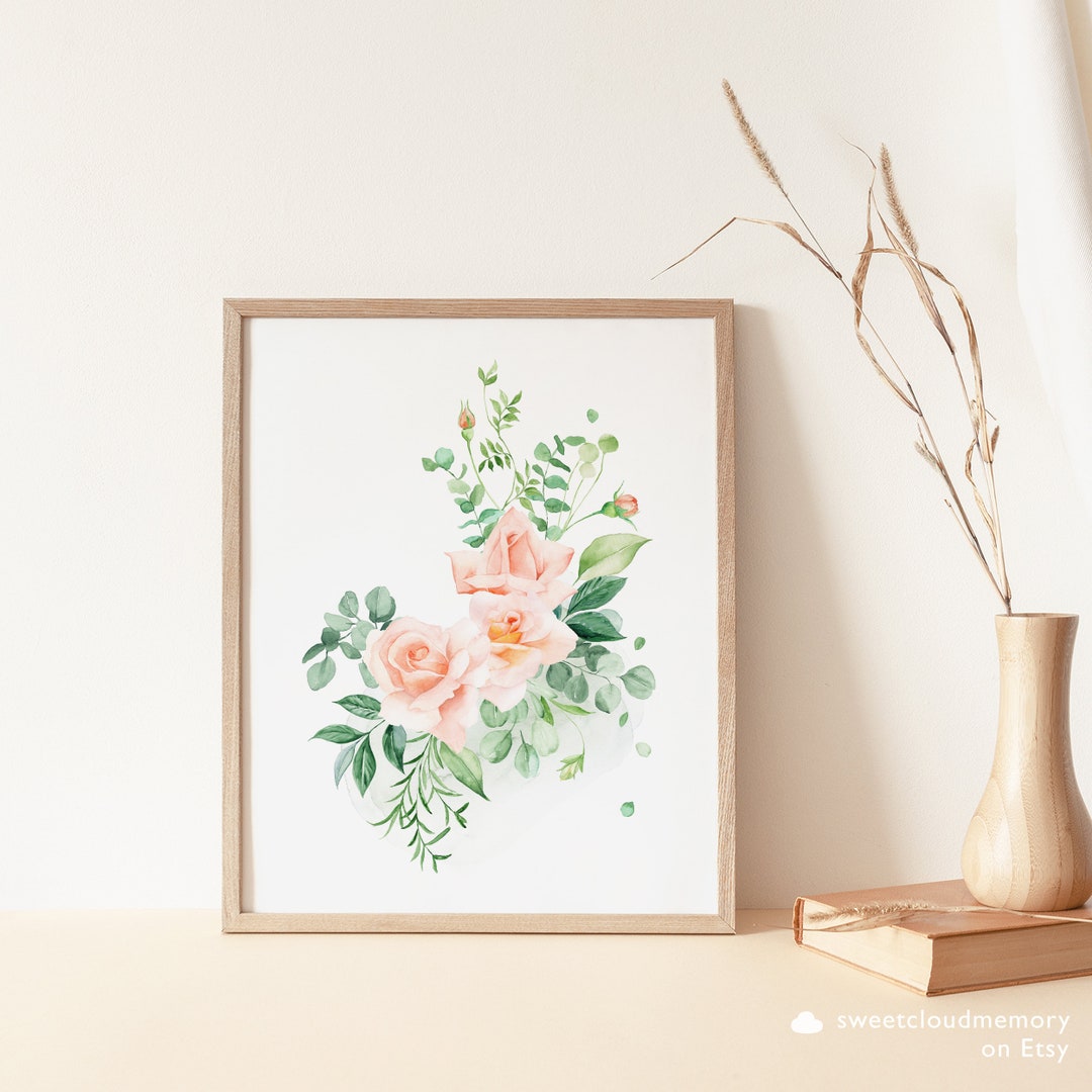 Blush Rose Art Print Pink Rose Wall Art Printable Watercolor Green ...