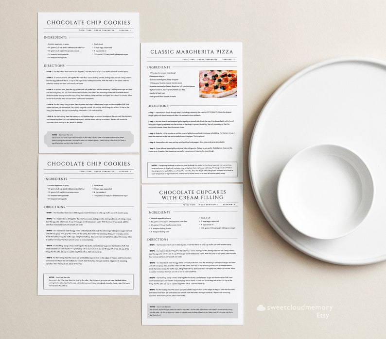May include: Four printable recipe cards with instructions for making chocolate chip cookies, classic margherita pizza, and chocolate cupcakes with cream filling. The cards are printed on white paper with black text and are laid out on a white surface.